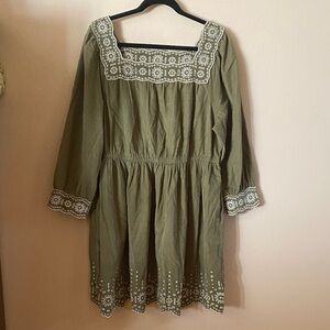 Madewell Olive green corduroy Dress with creme Embroidery